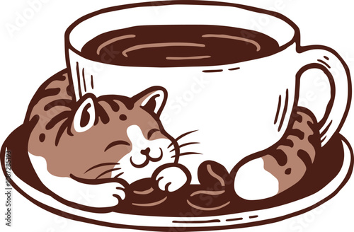 Cute Cat Curled Up Around Coffee Cup