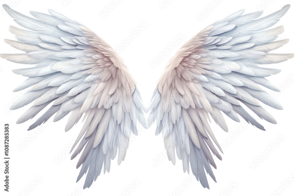 Graceful angel wings with a layered feather design, captured in a realistic style, isolated on white background