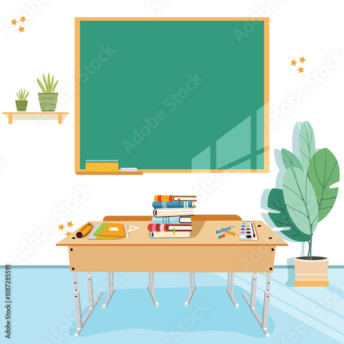 Classroom with school board, school desk, books, school supplies and plants. Concept Back to school. Poster, Banner, Flyer. Vector illustration in flat cartoon style