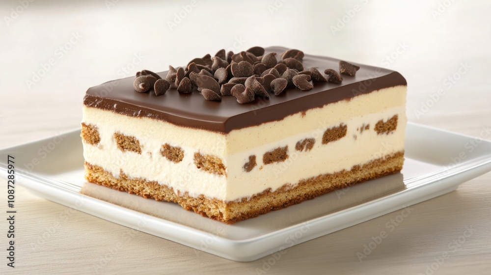 A delicious layered dessert featuring a creamy filling, chocolate topping, and a crunchy base, garnished with chocolate chips.