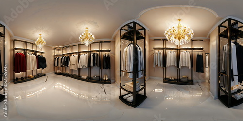 Full 360 degrees seamless spherical panorama HDRI equirectangular projection of  a fashion luxurious high-end boutique. Texture environment map for lighting and reflection source rendering 3d scenes. photo