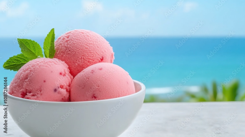A bowl of pink ice cream scoops sits against a serene ocean backdrop, evoking a refreshing summer vibe. A bowl of pink ice cream scoops sits against a serene ocean backdrop, evoking a refreshing summer vibe.