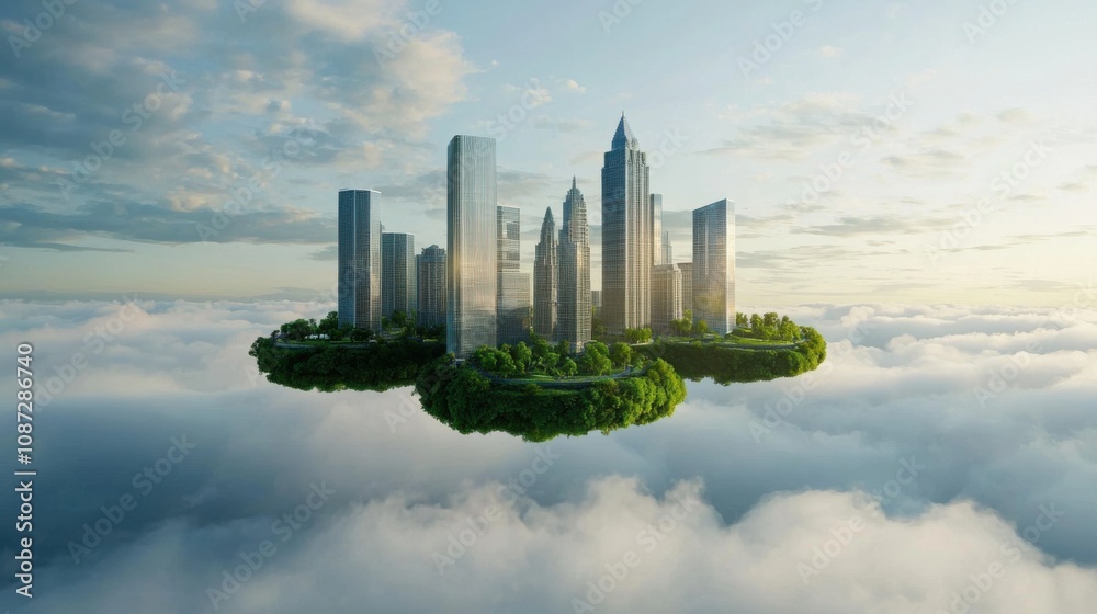 Fototapeta premium Dreamlike City with Crystal Structures in Clouds