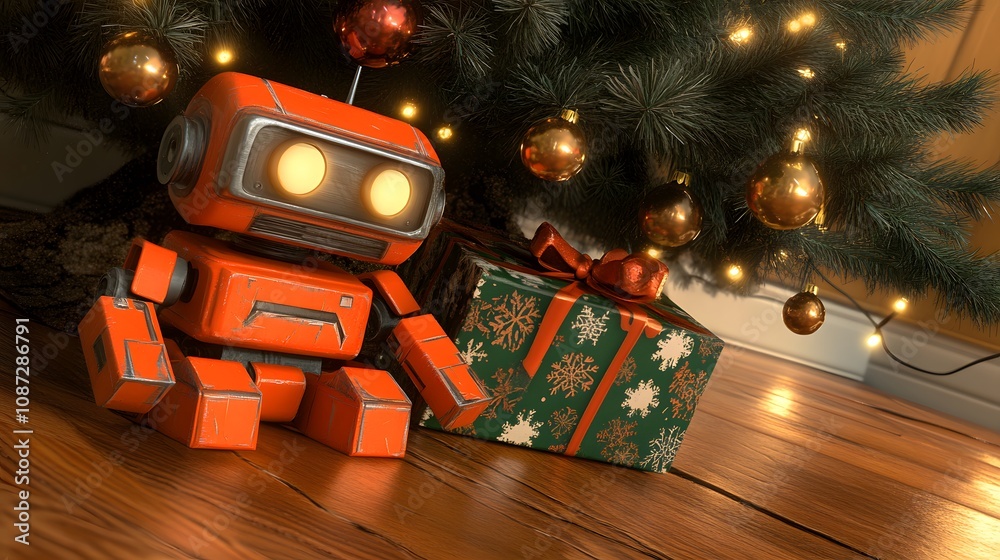 Fototapeta premium Christmas Robot Toy with Gift under Tree Festive Holiday Scene