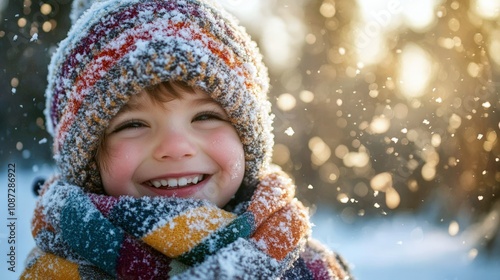 Joyful child outside on a beautiful snowy winter day. fabulous snowy winter and childhood. copy space