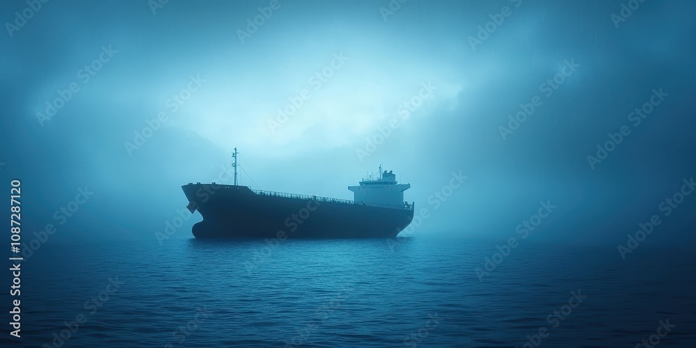 A large cargo ship navigates through thick fog, creating a mysterious maritime scene.