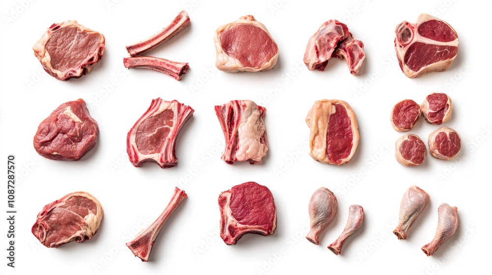 Assorted Cuts of Meat Including Lamb Chops, Pork Chops, Beef Steaks, and More on White Background for Culinary and Food Photography Assorted Cuts of Meat Including Lamb Chops, Pork Chops, Beef Steaks, and More on White Background for Culinary and Food Photography