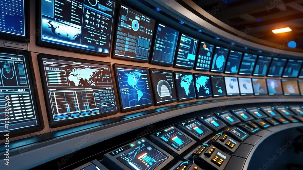 Military command center with strategic displays and communication panels.