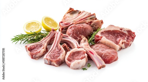 Various Cuts of Meat Displayed Artfully with Fresh Ingredients, Including Lamb Chops, Herbs, and Lemon on a White Background for Culinary Presentation