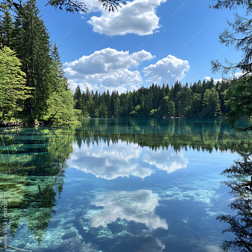 Fototapeta premium Serene Reflection of Lush Greenery and Clear Blue Sky Over Tranquil Lake Surrounded by Majestic Trees and Vibrant Nature in a Picturesque Landscape