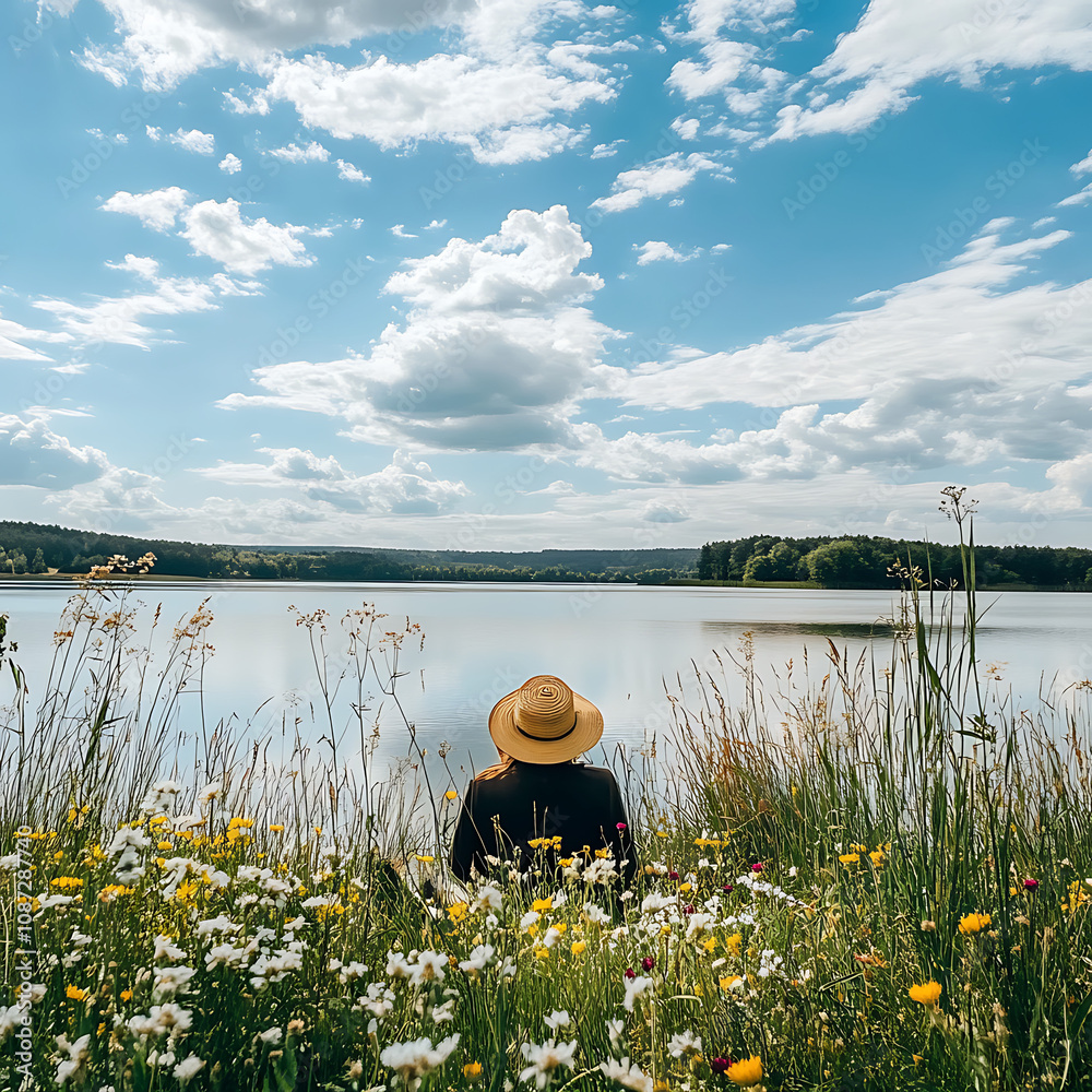 Obraz premium Serene Woman Sitting by the Calm Lake Surrounded by Wildflowers and Lush Green Grass Under a Blue Sky with Fluffy White Clouds