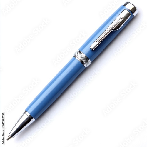 A blue ballpoint pen with a silver clip, designed for writing and note-taking.