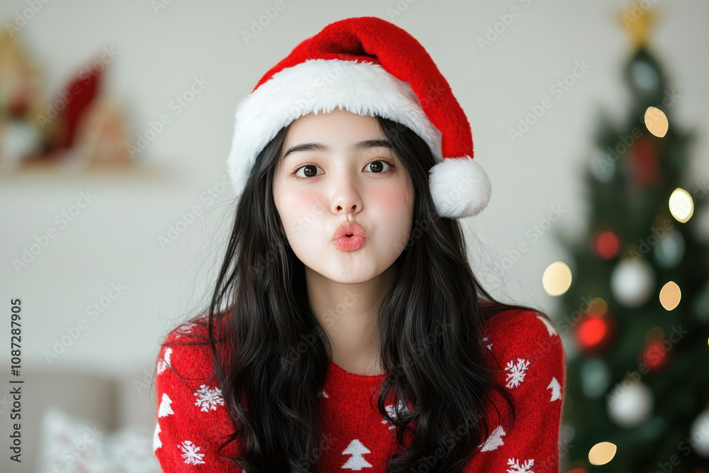 Indonesian woman blowing a kiss during Christmas celebration, love and family