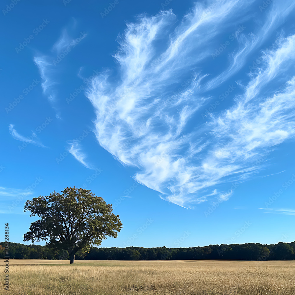 Obraz premium A Majestic Lone Tree Under a Vast Blue Sky with Wispy Clouds, Surrounded by Golden Grasses in a Peaceful and Serene Landscape Setting