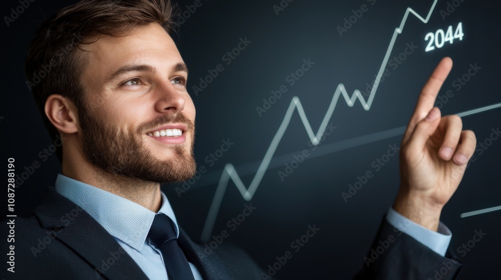 Businessman Pointing at Growth Chart with Confidence Businessman Pointing at Growth Chart with Confidence