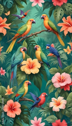 Tropical exotic pattern with animal and flowers in bright colors and lush vegetation