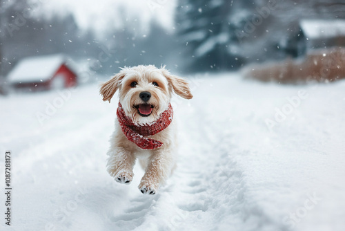 A dog joyfully running a snow field, surrounded by tall pine trees. photo