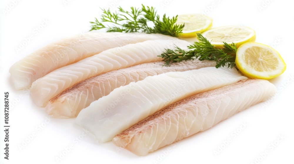 Fresh Fillets of Fish Selection with Lemon Slices and Garnish on White Background for Culinary and Cooking Use Fresh Fillets of Fish Selection with Lemon Slices and Garnish on White Background for Culinary and Cooking Use