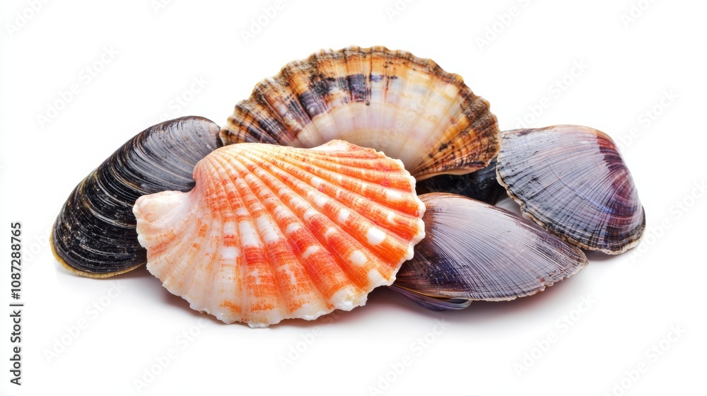 Close-Up of Fresh Raw Seafood Display Featuring Various Shells Including Scallops and Clams on a Clean White Background for Culinary and Gastronomy Use