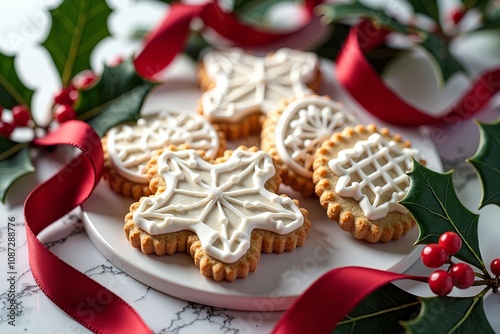 Artisanal French sablé cookies with intricate royal icing designs, styled on a white plate with holly leaves and red berries, soft lighting enhancing the festive and elegant presentation photo