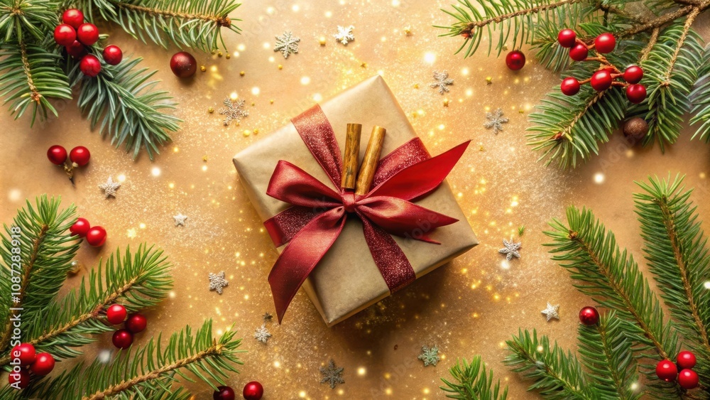 A festive Christmas present wrapped in brown paper with a red ribbon and cinnamon sticks, surrounded by evergreen branches and red berries on a glittery gold background. A festive Christmas present wrapped in brown paper with a red ribbon and cinnamon sticks, surrounded by evergreen branches and red berries on a glittery gold background.