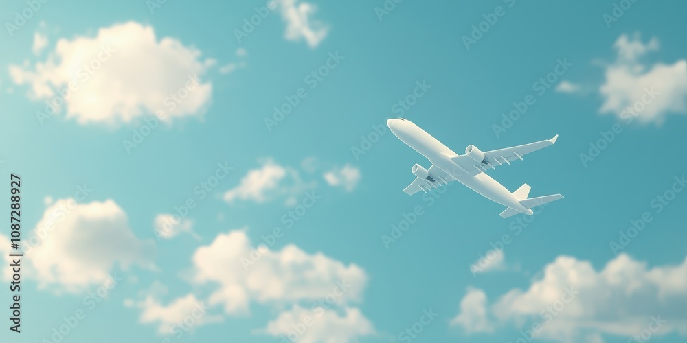 A white airplane flying in a clear blue sky with fluffy clouds in the background. A white airplane flying in a clear blue sky with fluffy clouds in the background.