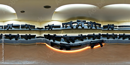 Full 360 degrees seamless spherical panorama HDRI equirectangular projection of arsenal room weapons depot armory warehouse. Environment map for lighting and reflection source rendering 3d scenes.