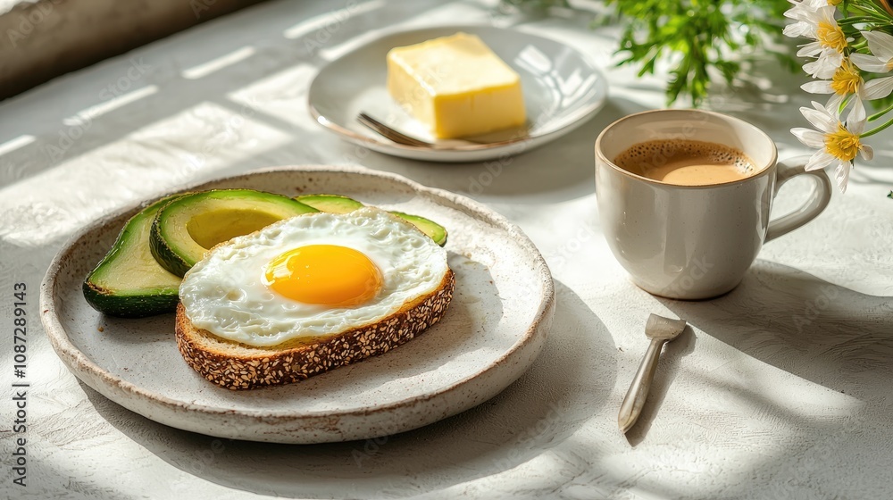 A sunny breakfast scene featuring a slice of bread topped with a fried egg, avocado, butter, and a cup of coffee, complemented by fresh greenery. A sunny breakfast scene featuring a slice of bread topped with a fried egg, avocado, butter, and a cup of coffee, complemented by fresh greenery.