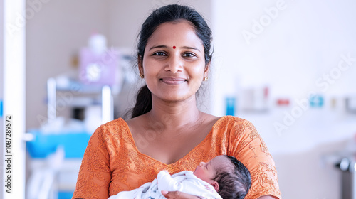 Indian woman holding her newborn baby in hospital smiling with joy to child