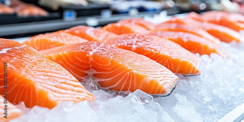 Fresh Salmon Fillets on Ice at Market Fresh Salmon Fillets on Ice at Market