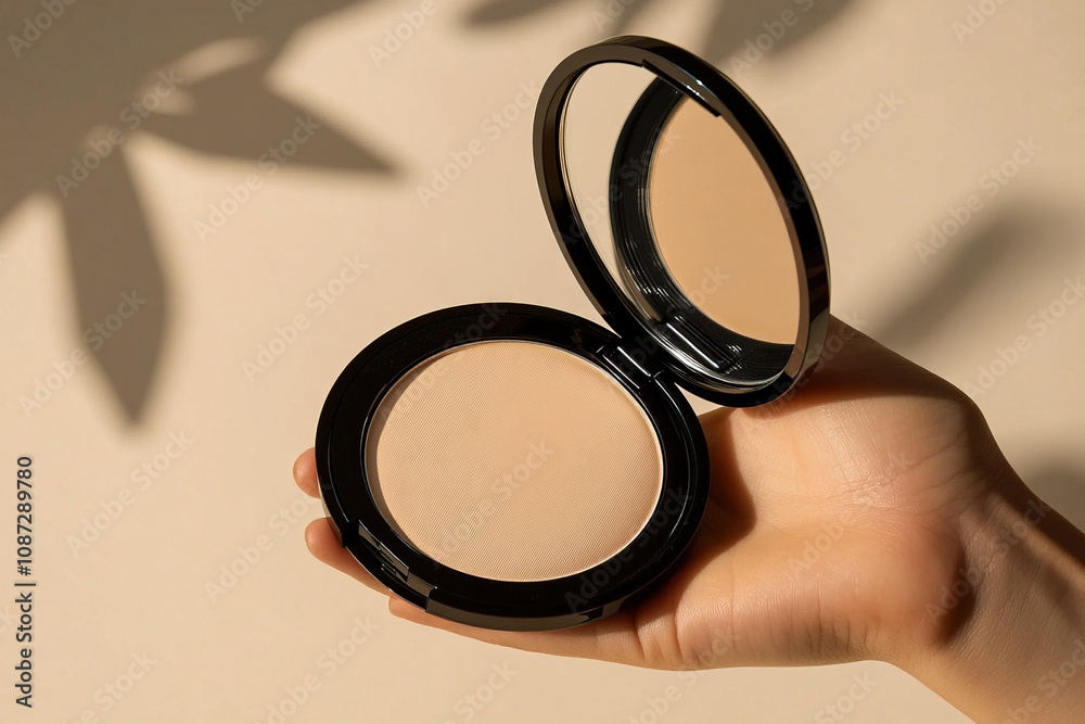 Female hand holding pressed powder Female hand holding pressed powder