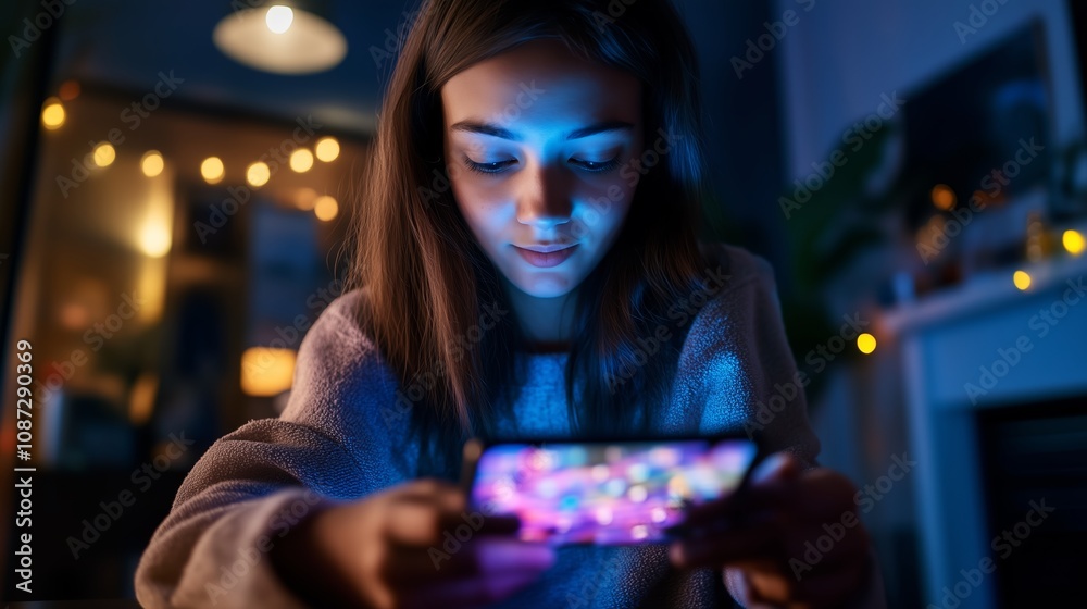 A young woman is using her phone in a dimly lit room, with the glow of the screen illuminating her face A young woman is using her phone in a dimly lit room, with the glow of the screen illuminating her face