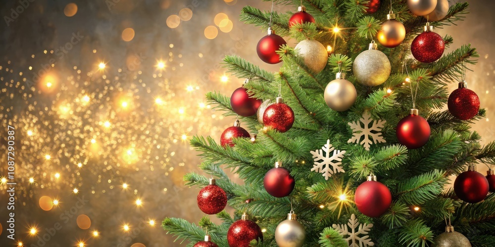 Fototapeta premium A Christmas tree adorned with red and gold ornaments, shimmering lights, and delicate snowflakes against a festive backdrop of sparkling bokeh.