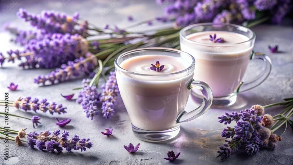 Two Cups of Creamy Lavender Latte with a Delicate Lavender Flower Garnish Surrounded by Lavender Blooms Two Cups of Creamy Lavender Latte with a Delicate Lavender Flower Garnish Surrounded by Lavender Blooms