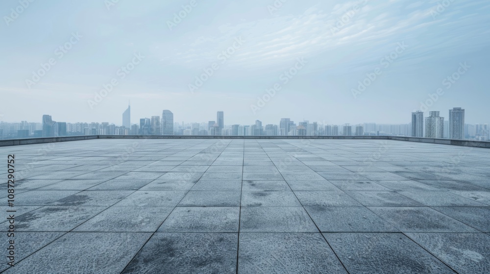 Fototapeta premium Empty square floor with city skyline background, Cityscape with architectural juxtaposition, eclectic mix of architectural styles creating visual contrast