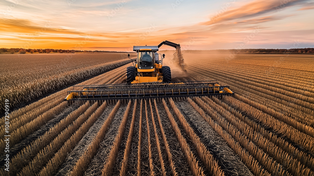 A modern combine harvester efficiently harvesting a golden wheat field at sunset, with dust rising from the machine. The vast agricultural landscape stretches to the horizon under a colorful sky. A modern combine harvester efficiently harvesting a golden wheat field at sunset, with dust rising from the machine. The vast agricultural landscape stretches to the horizon under a colorful sky.