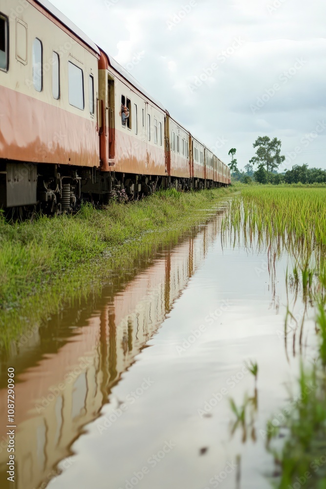 Obraz premium Train By Paddy Fields Under Overcast Sky