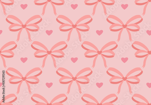 Coquette ribbon bow and hearts seamless pattern vector illustration. Cute repeated romantic vintage ornament. Design for textile, fabric, wrapper, packaging, background.