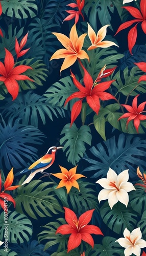 Tropical exotic pattern with animal and flowers in bright colors and lush vegetation