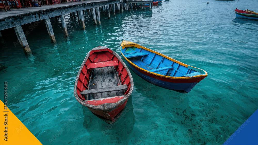 Two Colorful Wooden Boats Floating on Clear Blue Water near a Wooden Pier in a Tropical Seaside Location Ideal for Travel and Nature Photography Two Colorful Wooden Boats Floating on Clear Blue Water near a Wooden Pier in a Tropical Seaside Location Ideal for Travel and Nature Photography