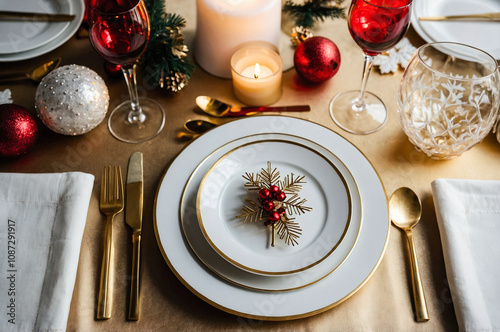 Christmas table setting with plates, cutlery and holiday  decorations. photo