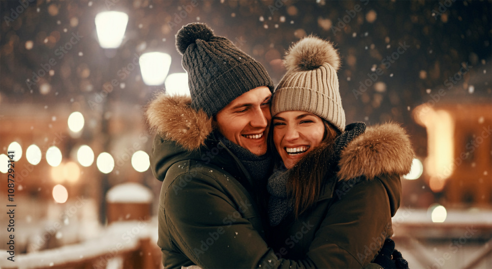 Beautiful Man & Woman Couple in Love, Embracing & Hugging in a Cold Winter Scene with Glowing Bokeh Lights Beautiful Man & Woman Couple in Love, Embracing & Hugging in a Cold Winter Scene with Glowing Bokeh Lights