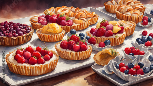 Strawberry tarts and custard, sweet desserts with berries, sweet bread with berries, ai generated