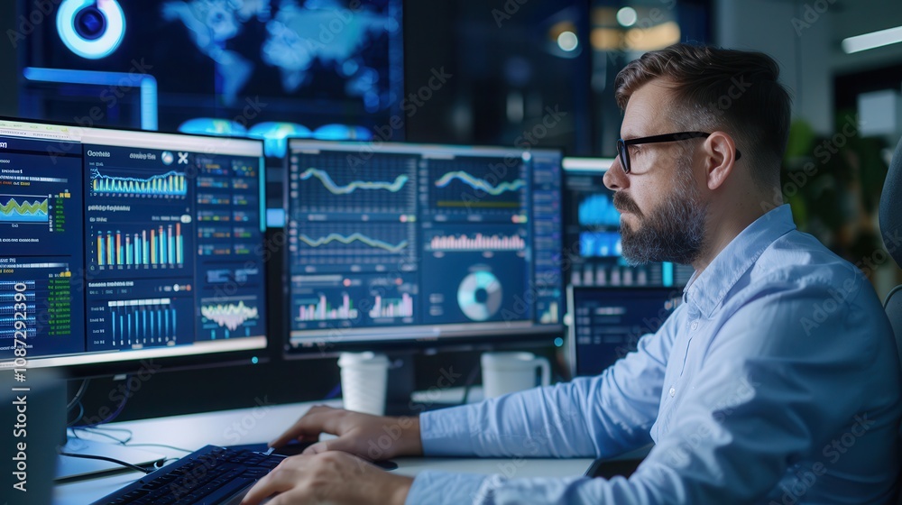 A professional data analyst examines financial graphs and charts on multiple monitors, focusing on analytics and business insights. A professional data analyst examines financial graphs and charts on multiple monitors, focusing on analytics and business insights.