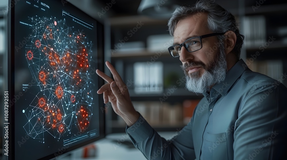 Biotech CEO presenting company s cutting edge bioinformatics software to potential investors in a sleek high tech office environment Biotech CEO presenting company s cutting edge bioinformatics software to potential investors in a sleek high tech office environment