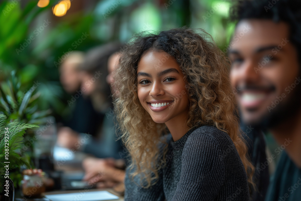 femme au travail souriant, bureau, travail collaboratif, réunion, professionnel, travail d'équipe, coworking, ambiance dynamique, relations de travail femme au travail souriant, bureau, travail collaboratif, réunion, professionnel, travail d'équipe, coworking, ambiance dynamique, relations de travail