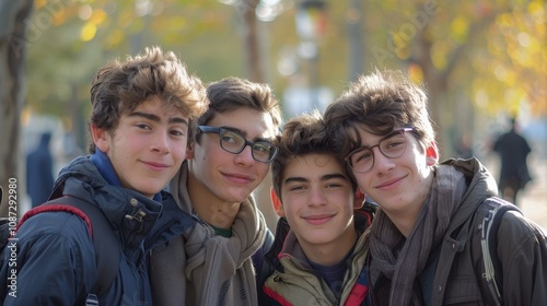 Four Young Men Posing Together in a Park