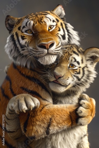 Tiger Cub Embraces Its Mother