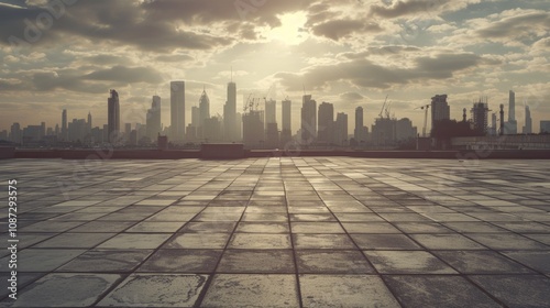 Empty square floor with city skyline background, Cityscape with a touch of magic realism, surreal urban scene blending reality with fantasy photo