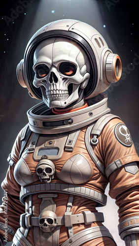 The futuristic astronaut, adorned with a skull face, stands confidently in their sleek space suit, ready for cosmic adventures among distant stars. The glowing backdrop adds an ethereal touch photo